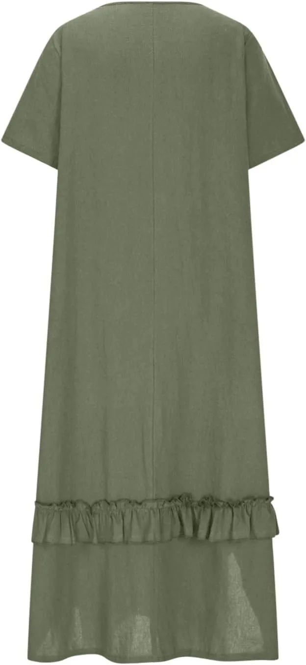 Womens Boho Floral Flowy Midi Dresses Casual Loose Summer Short Sleeve Beach Dress with Pockets Side Slit Spring Clothes 2025