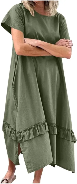 Womens Boho Floral Flowy Midi Dresses Casual Loose Summer Short Sleeve Beach Dress with Pockets Side Slit Spring Clothes 2025
