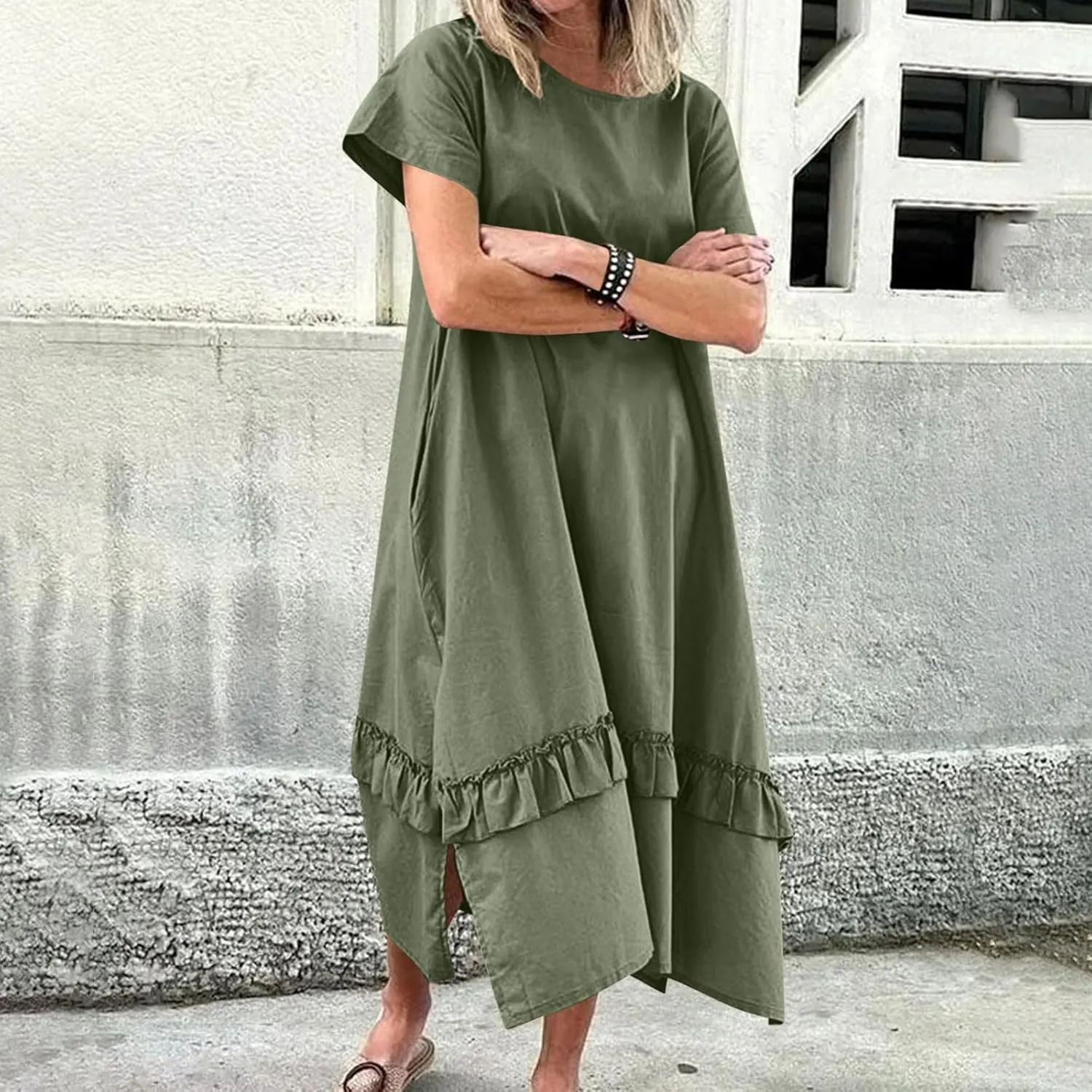 Womens Boho Floral Flowy Midi Dresses Casual Loose Summer Short Sleeve Beach Dress with Pockets Side Slit Spring Clothes 2025