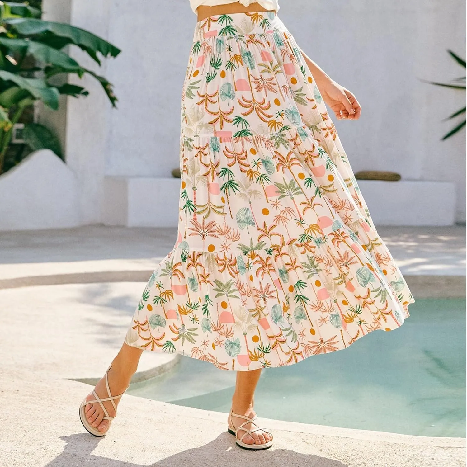 Women's Boho Floral Maxi Skirts Flowy High Waist Summer Pleated A Line Long Skirts for Women Beach Vacation Clothes for Women