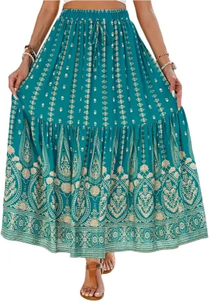 Women's Boho Floral Maxi Skirts Flowy High Waist Summer Pleated A Line Long Skirts for Women Beach Vacation Clothes for Women