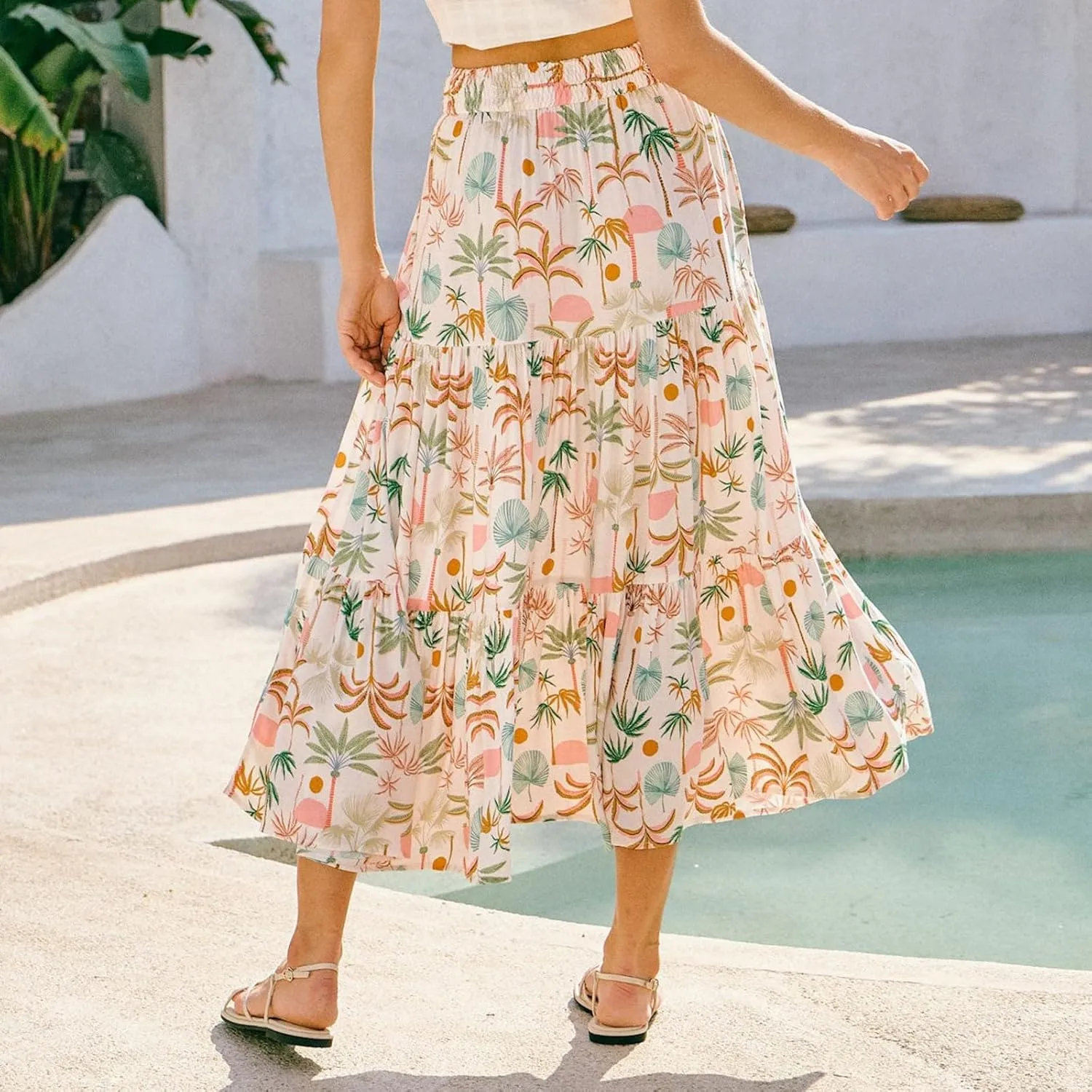 Women's Boho Floral Maxi Skirts Flowy High Waist Summer Pleated A Line Long Skirts for Women Beach Vacation Clothes for Women
