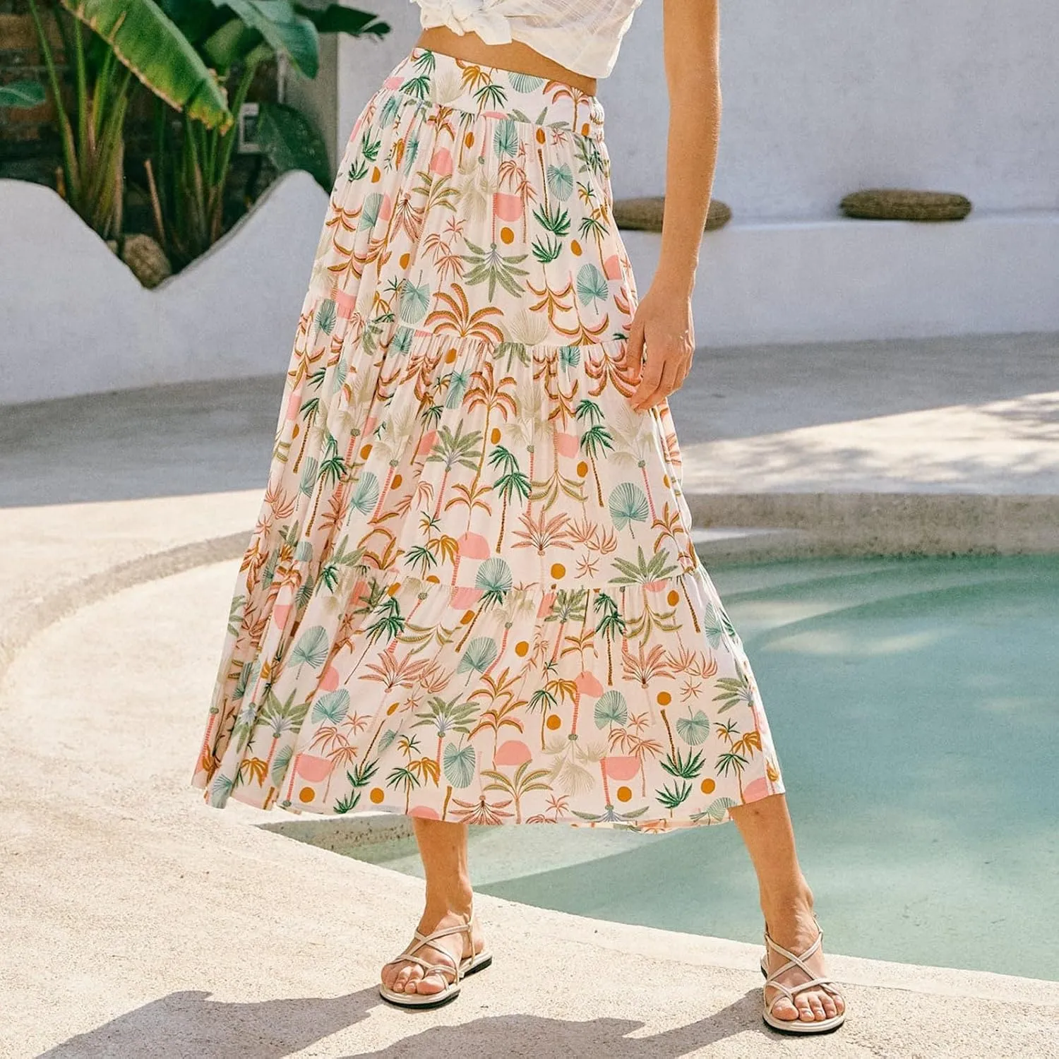 Women's Boho Floral Maxi Skirts Flowy High Waist Summer Pleated A Line Long Skirts for Women Beach Vacation Clothes for Women