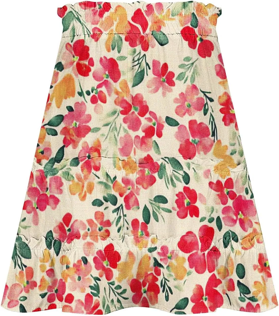 Womens Boho Floral Skirts Pleated Ruffle Tiered High Waisted Drawstring Summer Beach Vacation Mini Skirts