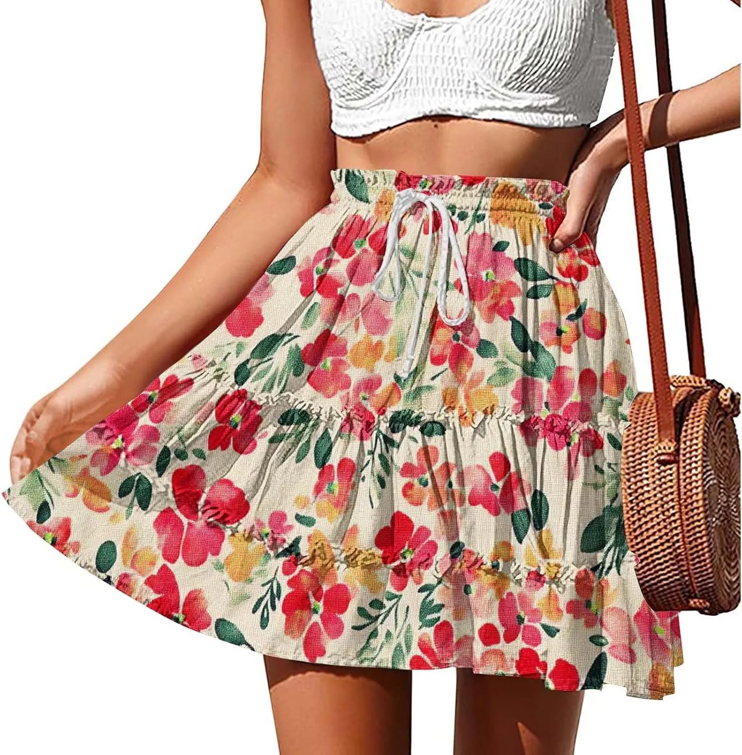 Womens Boho Floral Skirts Pleated Ruffle Tiered High Waisted Drawstring Summer Beach Vacation Mini Skirts