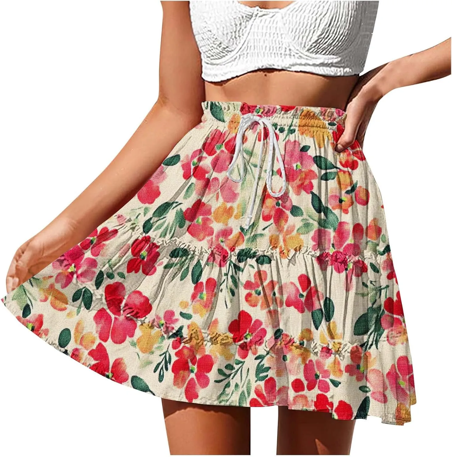 Womens Boho Floral Skirts Pleated Ruffle Tiered High Waisted Drawstring Summer Beach Vacation Mini Skirts