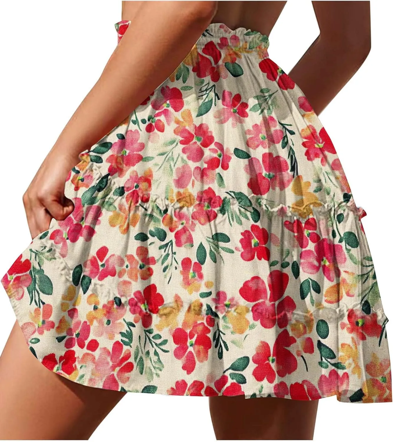 Womens Boho Floral Skirts Pleated Ruffle Tiered High Waisted Drawstring Summer Beach Vacation Mini Skirts