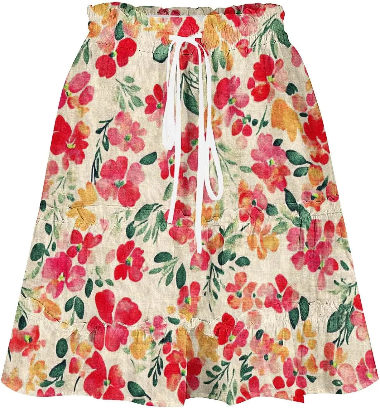 Womens Boho Floral Skirts Pleated Ruffle Tiered High Waisted Drawstring Summer Beach Vacation Mini Skirts