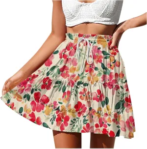 Womens Boho Floral Skirts Pleated Ruffle Tiered High Waisted Drawstring Summer Beach Vacation Mini Skirts