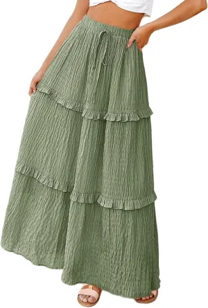 Womens Boho Floral Wrap Maxi Skirt High Waist Pleated A-Line Flowy Swing Line Maxi Long Skirt Beach Skirts