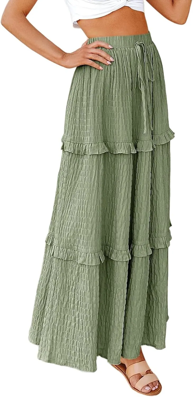 Womens Boho Floral Wrap Maxi Skirt High Waist Pleated A-Line Flowy Swing Line Maxi Long Skirt Beach Skirts