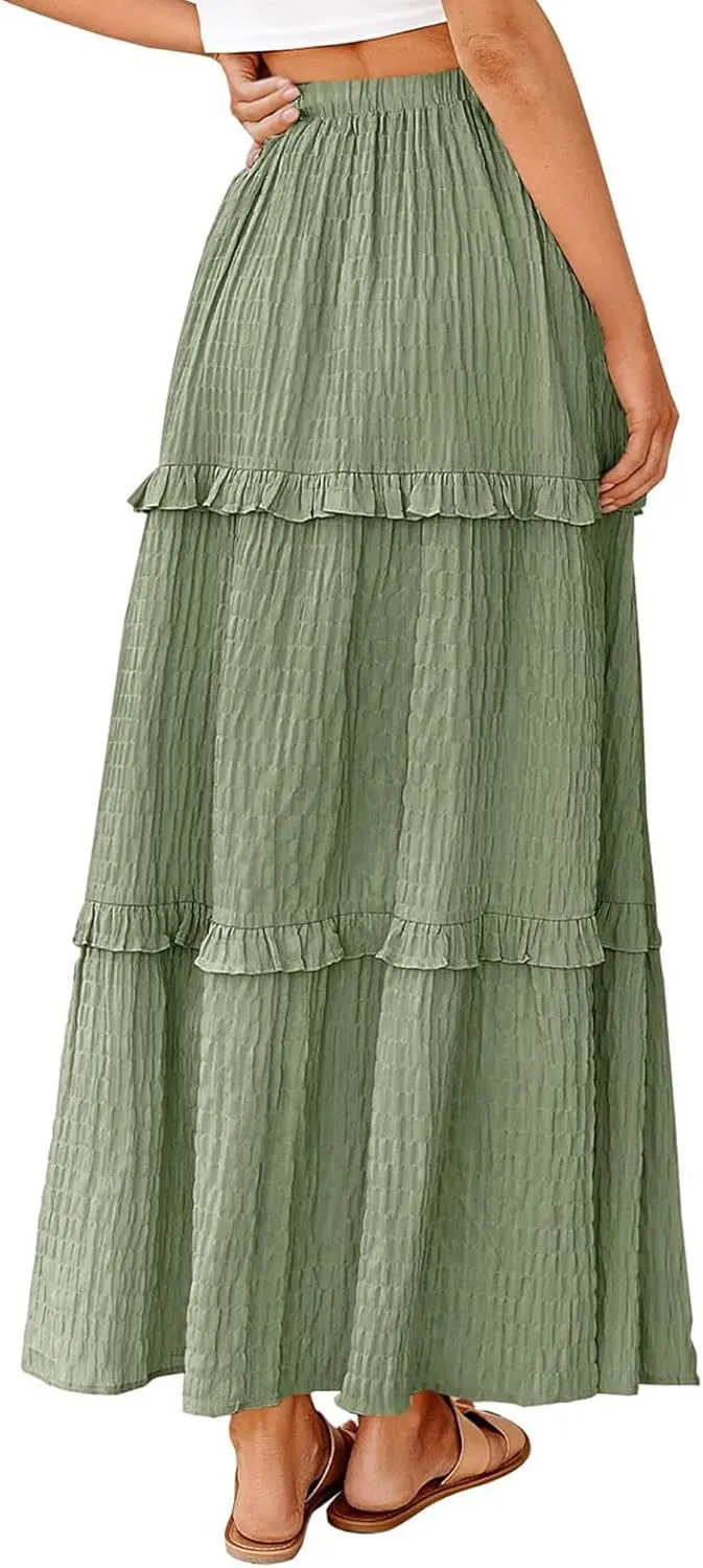 Womens Boho Floral Wrap Maxi Skirt High Waist Pleated A-Line Flowy Swing Line Maxi Long Skirt Beach Skirts