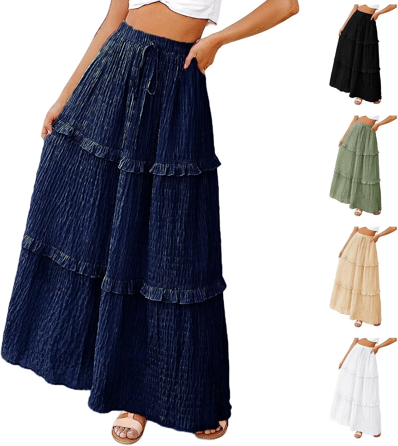 Womens Boho Floral Wrap Maxi Skirt High Waist Pleated A-Line Flowy Swing Line Maxi Long Skirt Beach Skirts