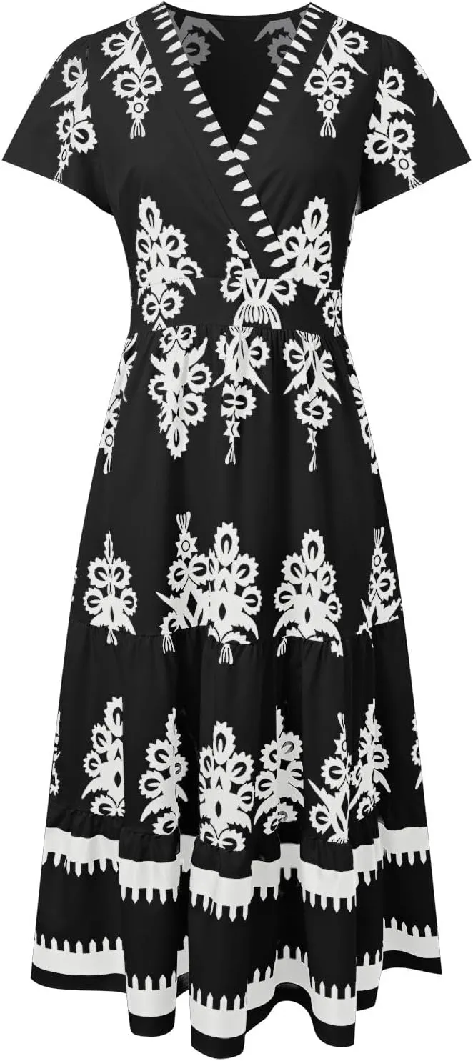 Womens Boho Maxi Dress Summer Casual Short Sleeve A Line Flowy Long V Neck Sundress Beach Vacation Dresses with Pockets