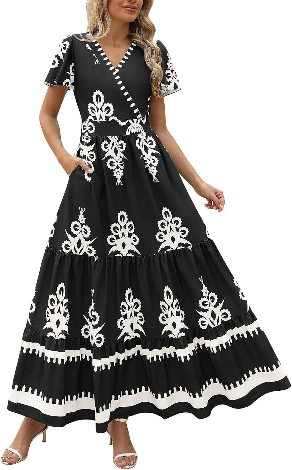 Womens Boho Maxi Dress Summer Casual Short Sleeve A Line Flowy Long V Neck Sundress Beach Vacation Dresses with Pockets