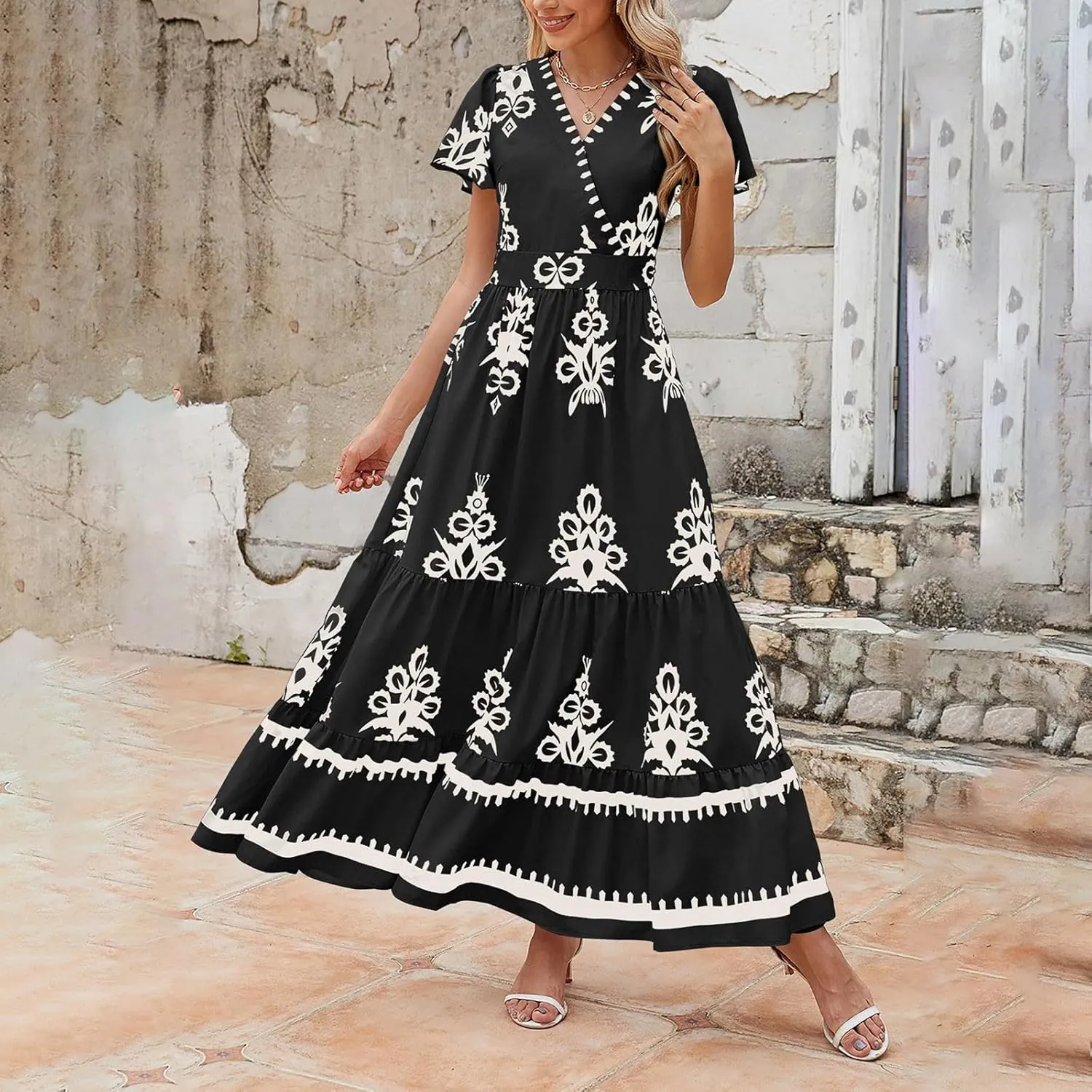 Womens Boho Maxi Dress Summer Casual Short Sleeve A Line Flowy Long V Neck Sundress Beach Vacation Dresses with Pockets