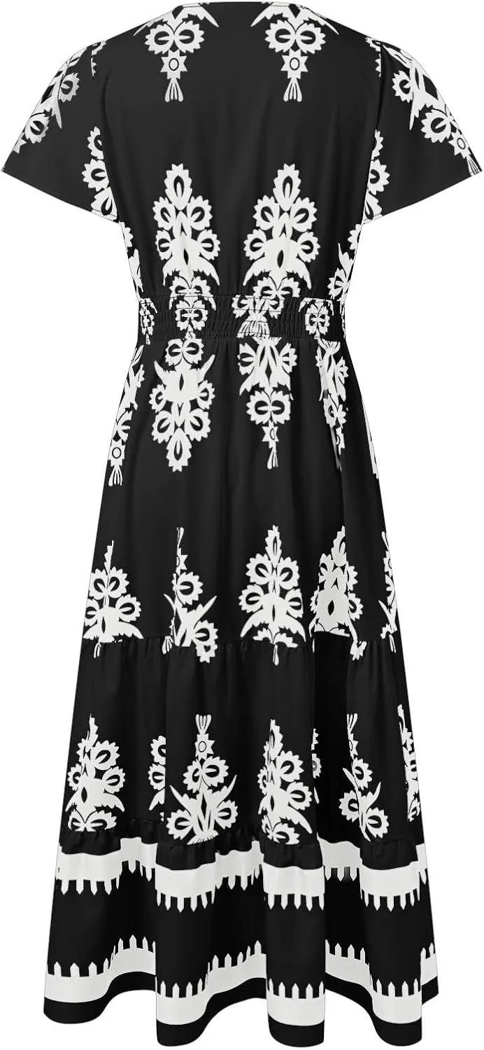 Womens Boho Maxi Dress Summer Casual Short Sleeve A Line Flowy Long V Neck Sundress Beach Vacation Dresses with Pockets