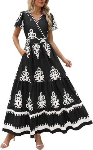 Womens Boho Maxi Dress Summer Casual Short Sleeve A Line Flowy Long V Neck Sundress Beach Vacation Dresses with Pockets