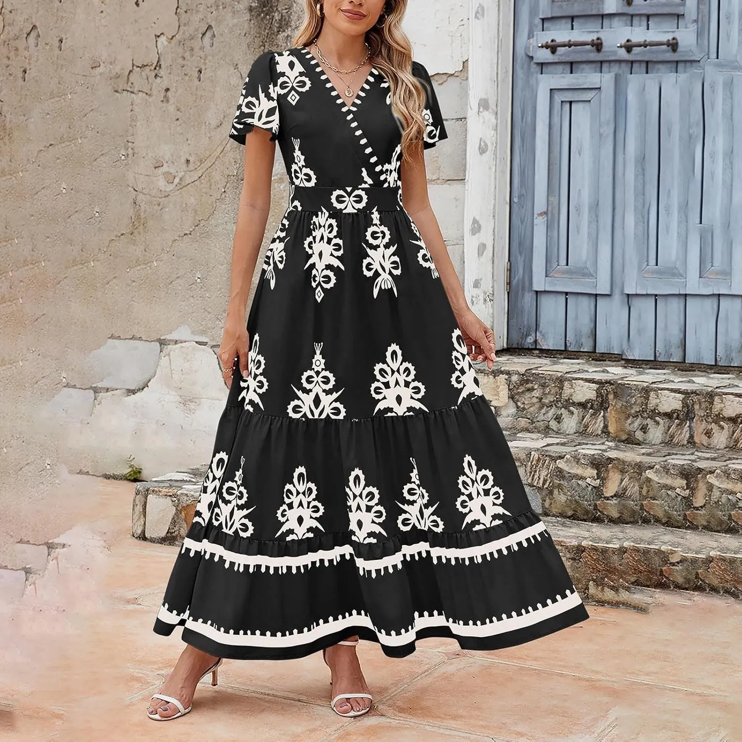 Womens Boho Maxi Dress Summer Casual Short Sleeve A Line Flowy Long V Neck Sundress Beach Vacation Dresses with Pockets