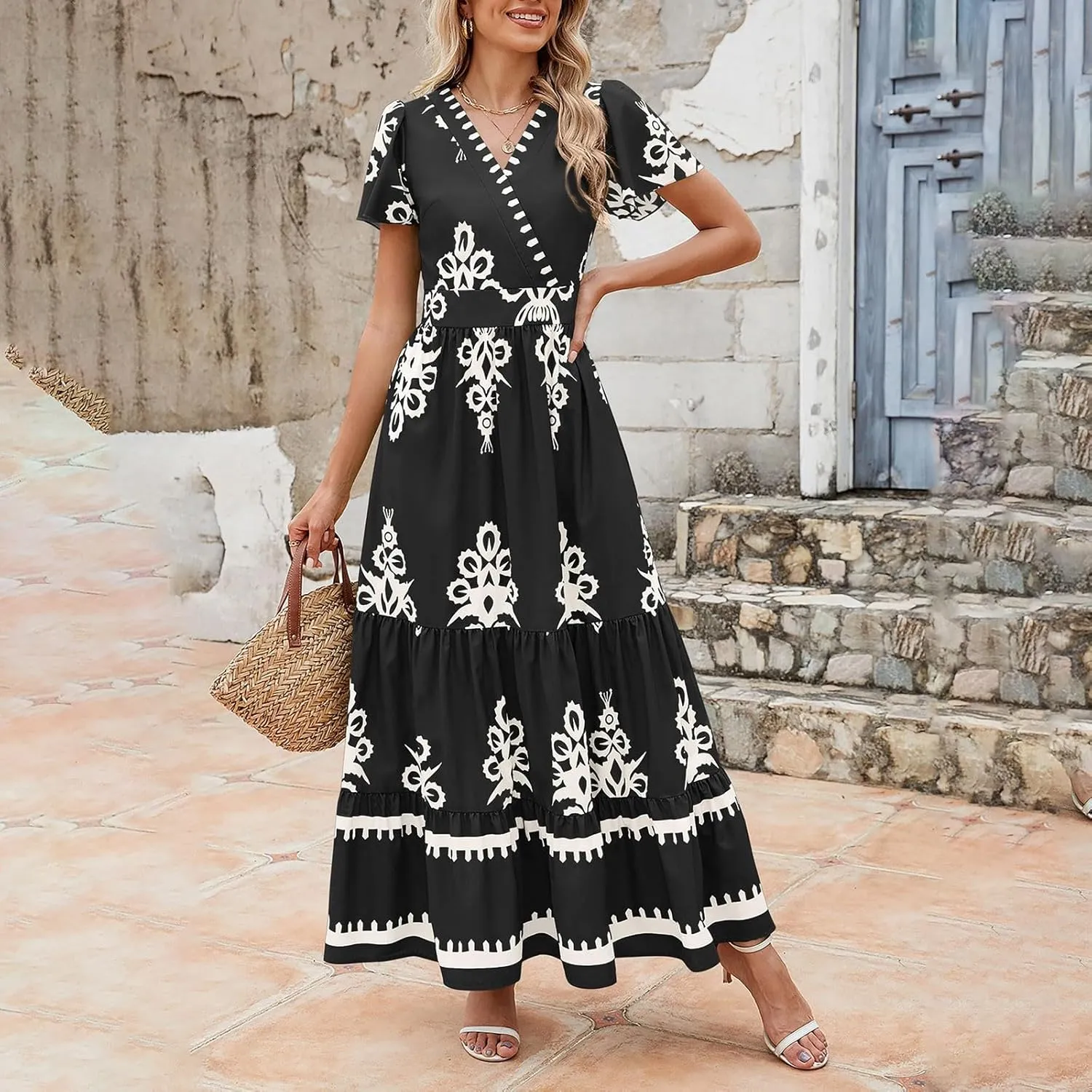 Womens Boho Maxi Dress Summer Casual Short Sleeve A Line Flowy Long V Neck Sundress Beach Vacation Dresses with Pockets