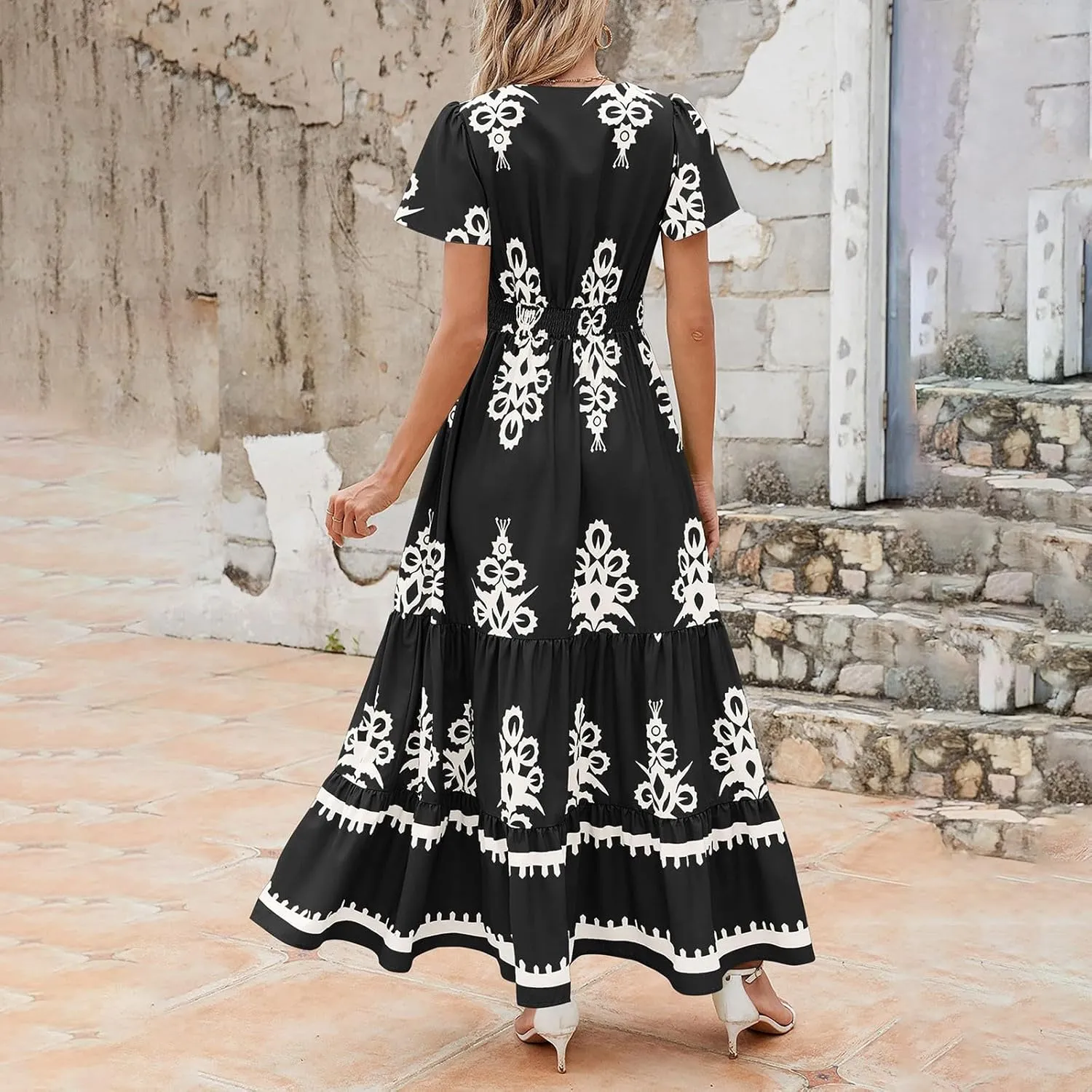 Womens Boho Maxi Dress Summer Casual Short Sleeve A Line Flowy Long V Neck Sundress Beach Vacation Dresses with Pockets