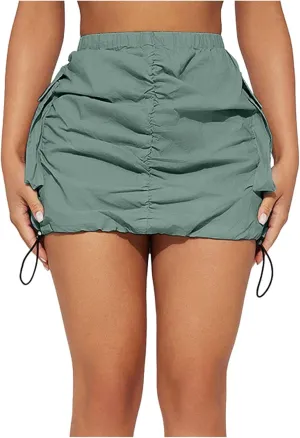 Womens Cargo Skirt Casual Summer High Waisted Bodycon Pencil Ruched Mini Skirts Side Drawstring and Hot Mini