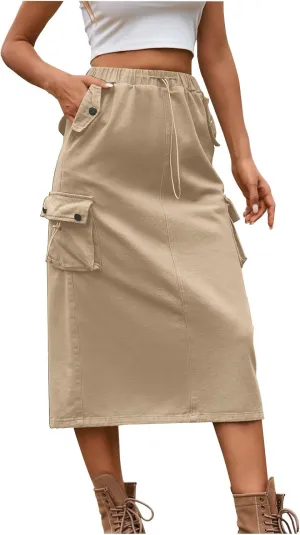 Women's Cargo Skirts with Pocket, Long Sweat Skirts 2024 Trendy Midi Length Skirt Casual Elastic Waist Half Dress