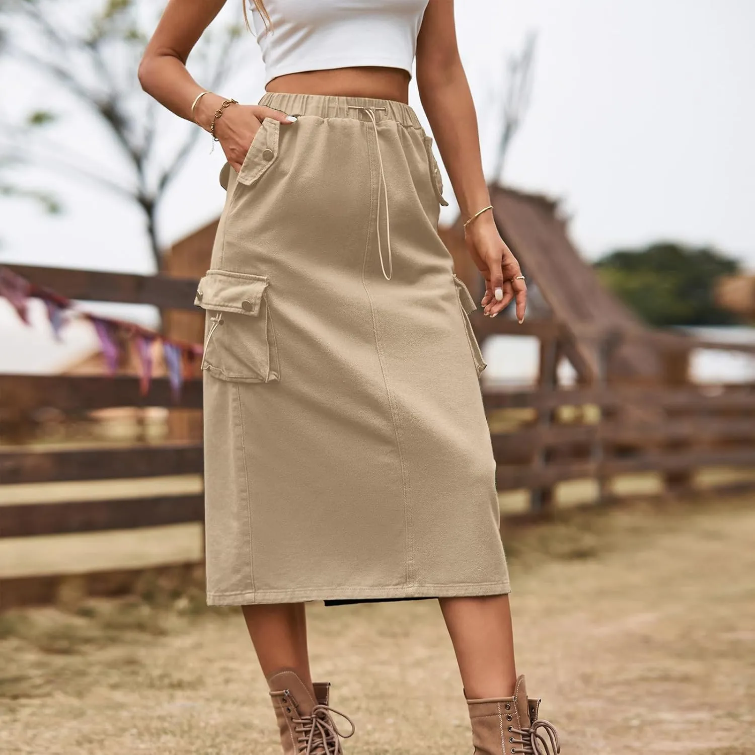 Women's Cargo Skirts with Pocket, Long Sweat Skirts 2024 Trendy Midi Length Skirt Casual Elastic Waist Half Dress