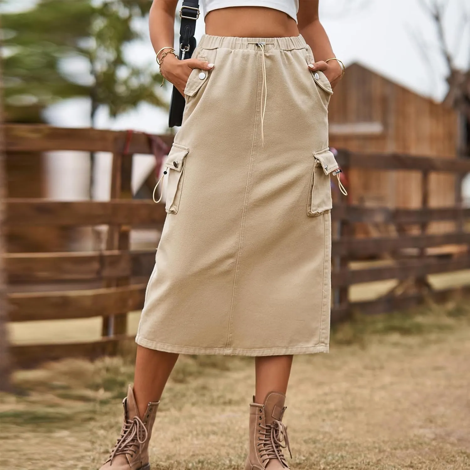Women's Cargo Skirts with Pocket, Long Sweat Skirts 2024 Trendy Midi Length Skirt Casual Elastic Waist Half Dress