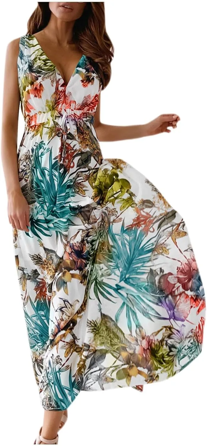 Women's Casual Dresses Sleeveless Maxi Boho Dresses 2024 Summer Beach Print Loose Swing V-Neck Dress Dresses, S-2XL