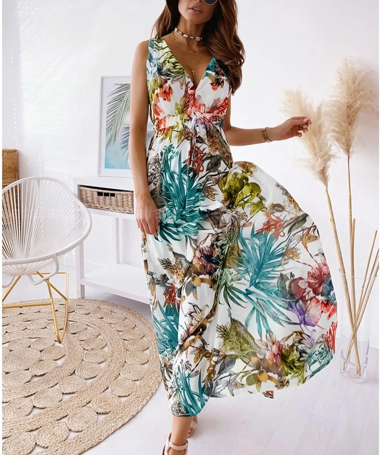 Women's Casual Dresses Sleeveless Maxi Boho Dresses 2024 Summer Beach Print Loose Swing V-Neck Dress Dresses, S-2XL