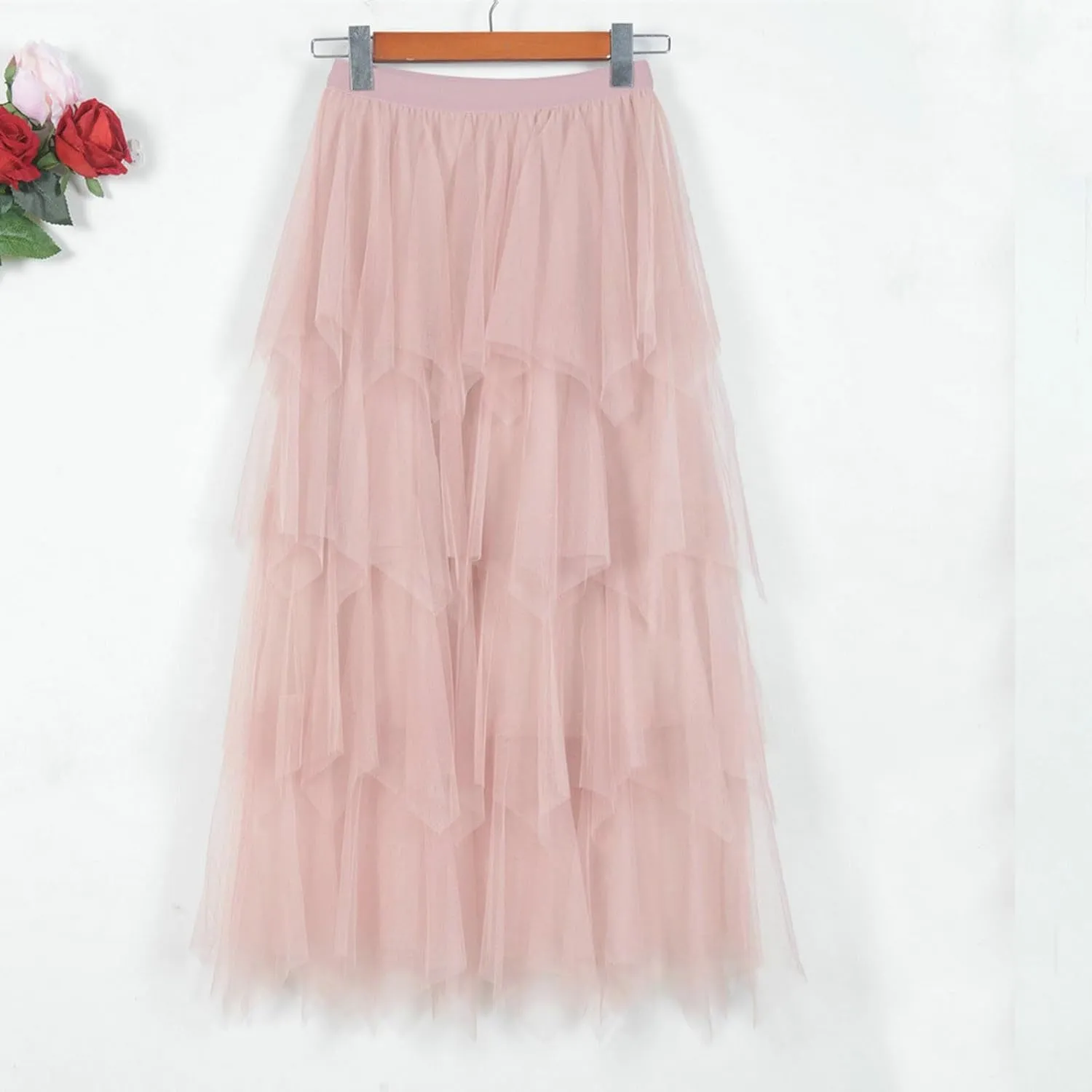 Women's Casual Irregular Cake Skirt Mid-Length High-Waisted Gauze Skirts Midi Elastic Flowy A-Line Mesh Tutu Skirts