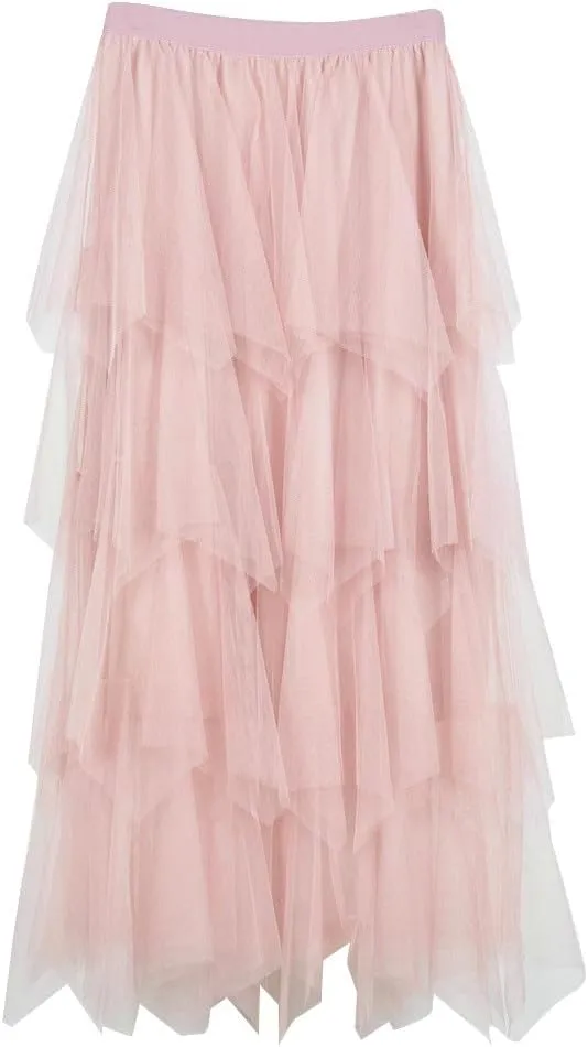 Women's Casual Irregular Cake Skirt Mid-Length High-Waisted Gauze Skirts Midi Elastic Flowy A-Line Mesh Tutu Skirts