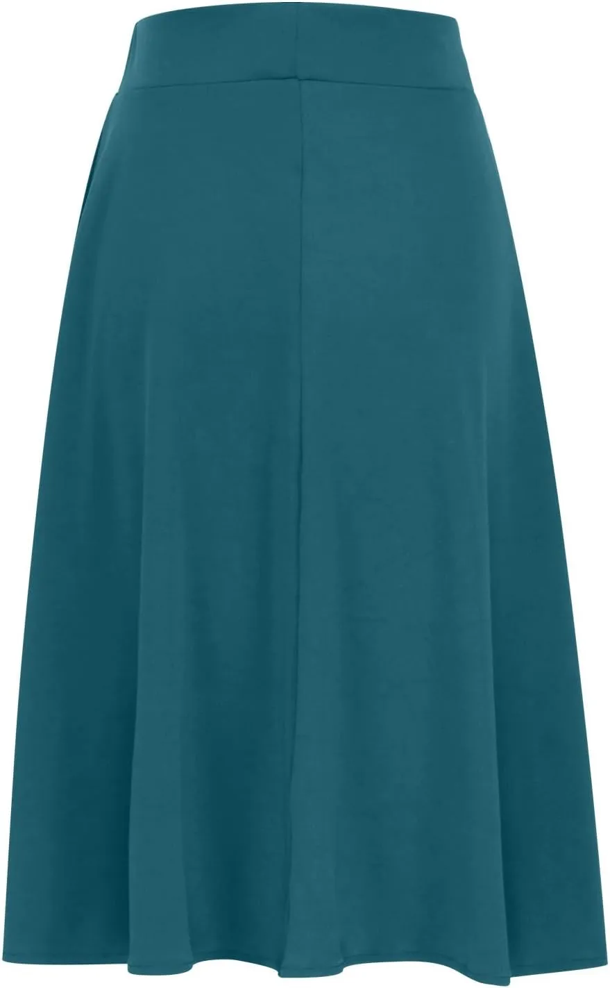 Womens Casual Stretchy Midi Skirt High Waisted Flared Knee Length Work Skirt Spring Summer A-Line Skirts Plus Size