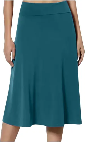 Womens Casual Stretchy Midi Skirt High Waisted Flared Knee Length Work Skirt Spring Summer A-Line Skirts Plus Size