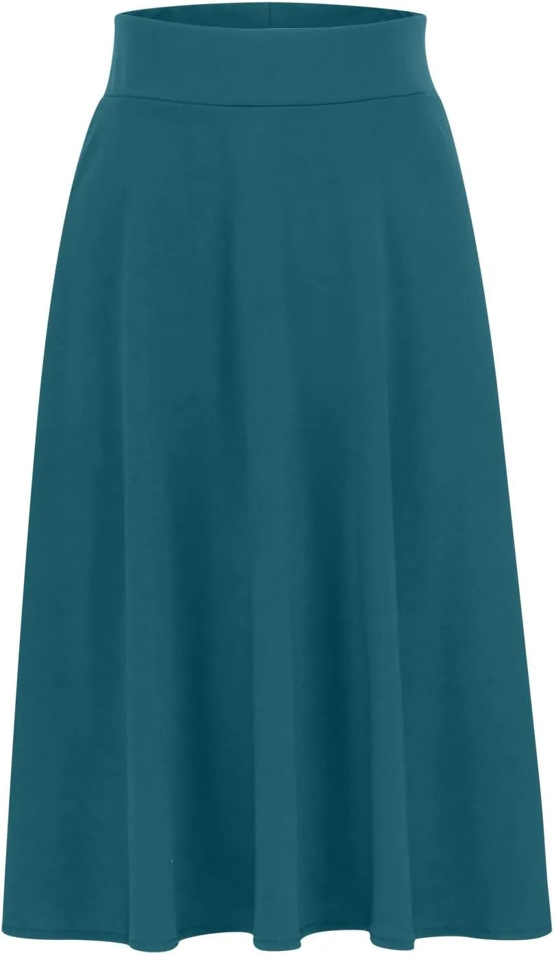 Womens Casual Stretchy Midi Skirt High Waisted Flared Knee Length Work Skirt Spring Summer A-Line Skirts Plus Size