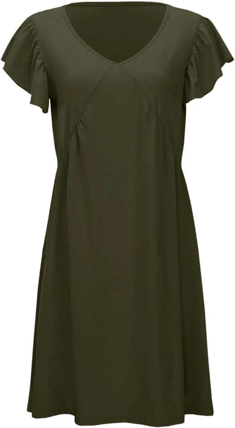 Women's Casual Summer Dresses 2025 Beach Deep V Neck Solid Color Dresses Loose Sundress Ruffle Sleeve Mini Dress