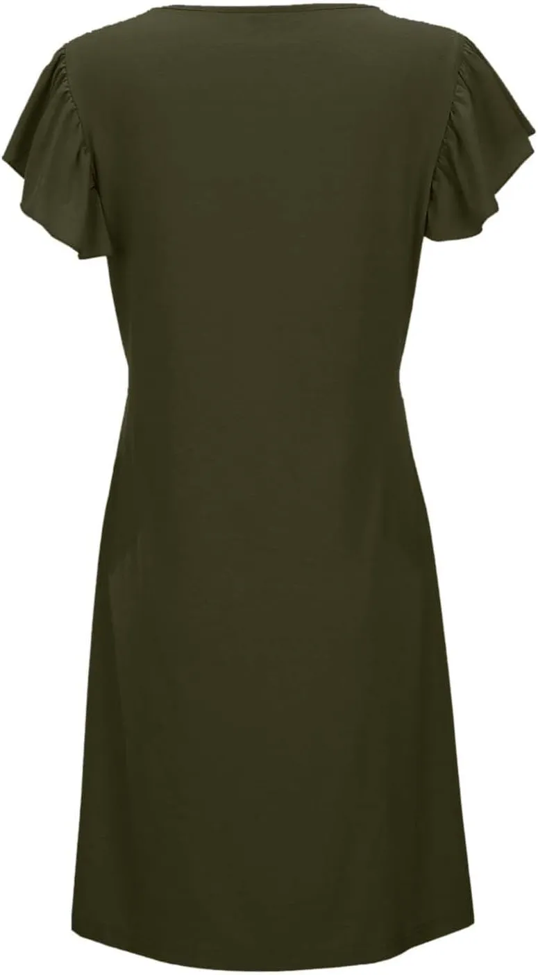 Women's Casual Summer Dresses 2025 Beach Deep V Neck Solid Color Dresses Loose Sundress Ruffle Sleeve Mini Dress