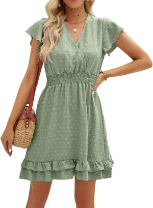 Womens Casual Summer Mini Dress V Neck Short Sleeve Swiss Dot Ruffle Dresses Flowy Swing Vacation Beach Sundress
