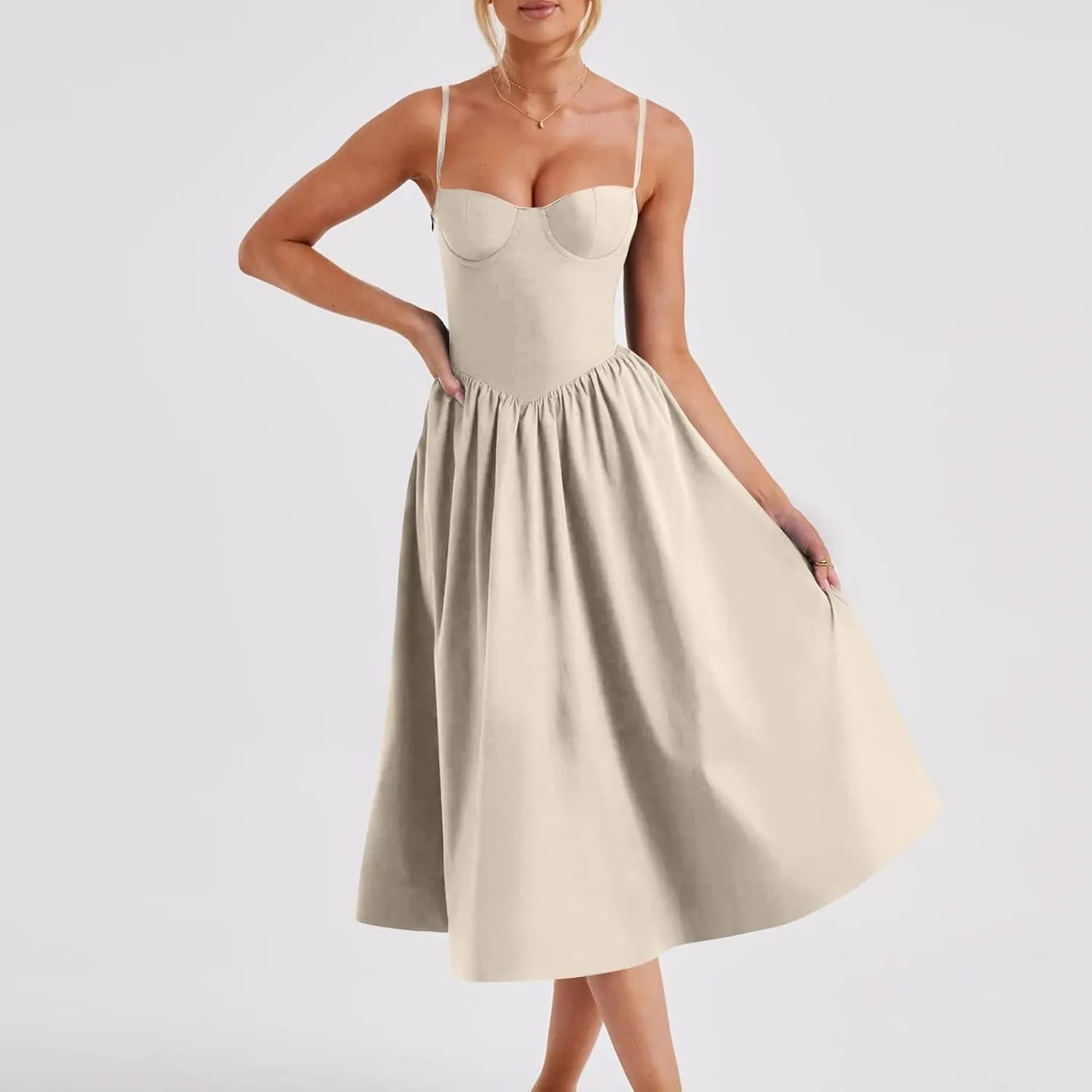 Womens Corset Dress Elegant Spaghetti Strap Bustier Midi Dress Low Cut Flowy Pleated Hem Formal Dresses with Pockets