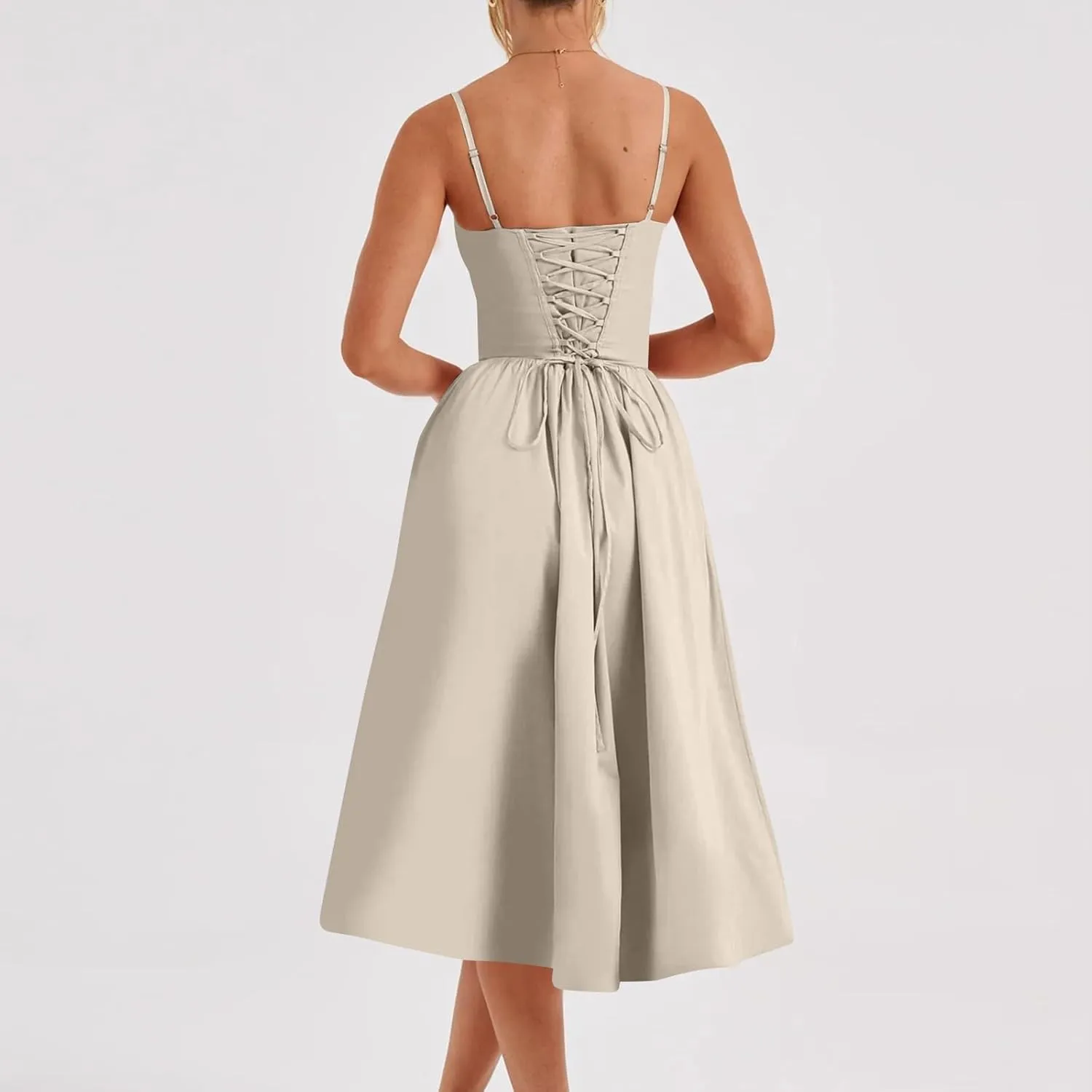 Womens Corset Dress Elegant Spaghetti Strap Bustier Midi Dress Low Cut Flowy Pleated Hem Formal Dresses with Pockets