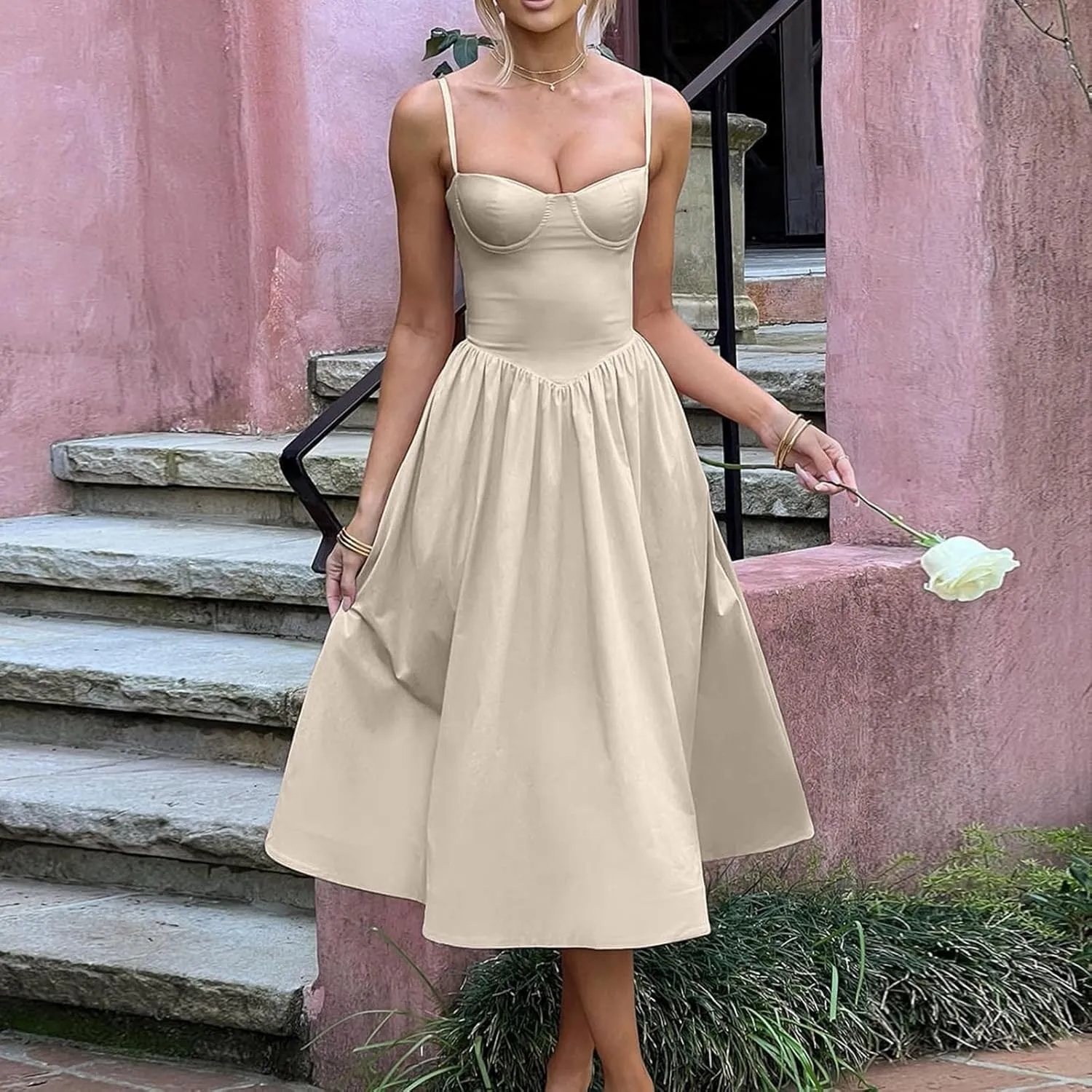 Womens Corset Dress Elegant Spaghetti Strap Bustier Midi Dress Low Cut Flowy Pleated Hem Formal Dresses with Pockets