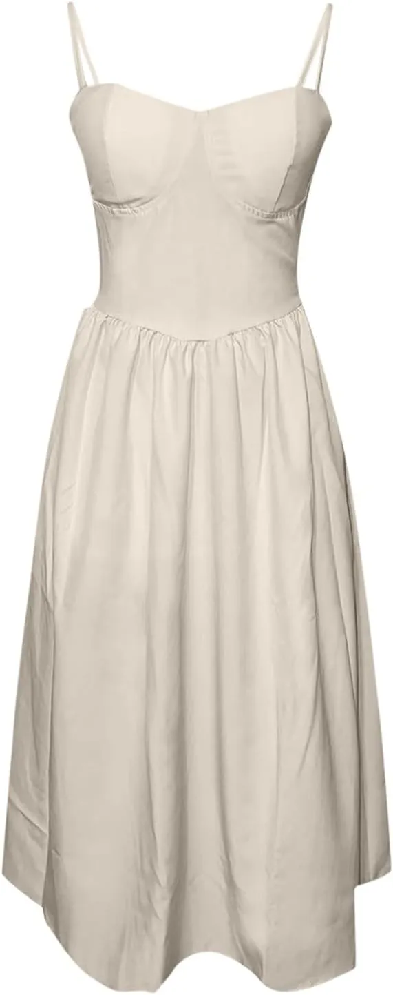 Womens Corset Dress Elegant Spaghetti Strap Bustier Midi Dress Low Cut Flowy Pleated Hem Formal Dresses with Pockets