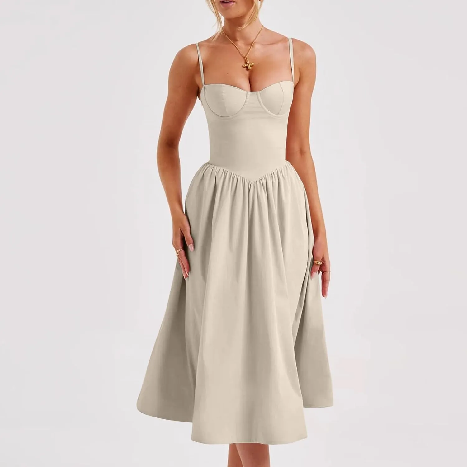 Womens Corset Dress Elegant Spaghetti Strap Bustier Midi Dress Low Cut Flowy Pleated Hem Formal Dresses with Pockets