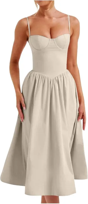 Womens Corset Dress Elegant Spaghetti Strap Bustier Midi Dress Low Cut Flowy Pleated Hem Formal Dresses with Pockets