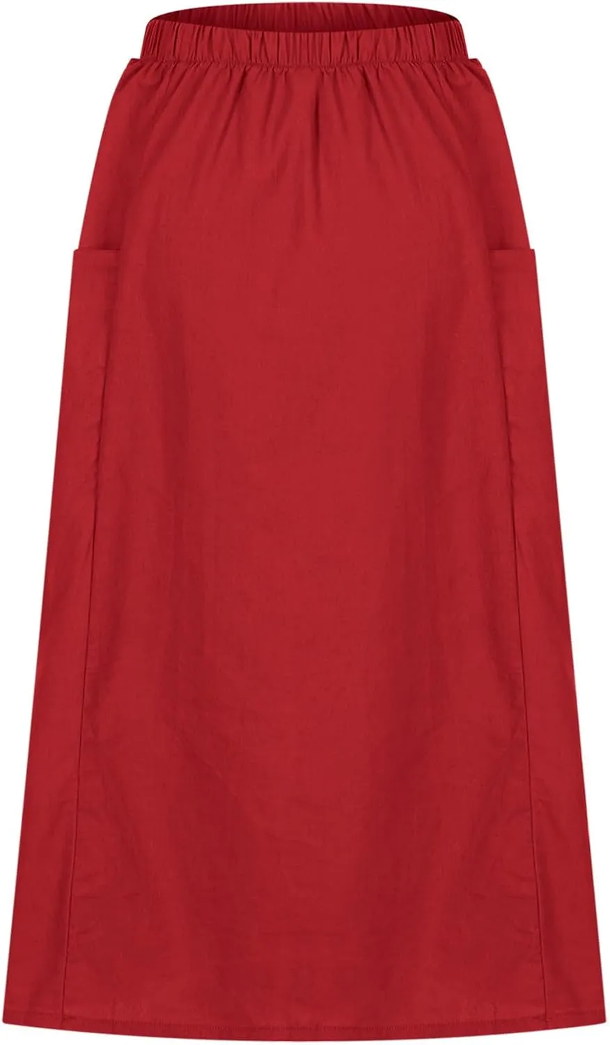 Women's Cotton Linen Midi Skirts Boho High Elastic Waist A Line Pleated Flowy Swing Long Skirts with Pockets