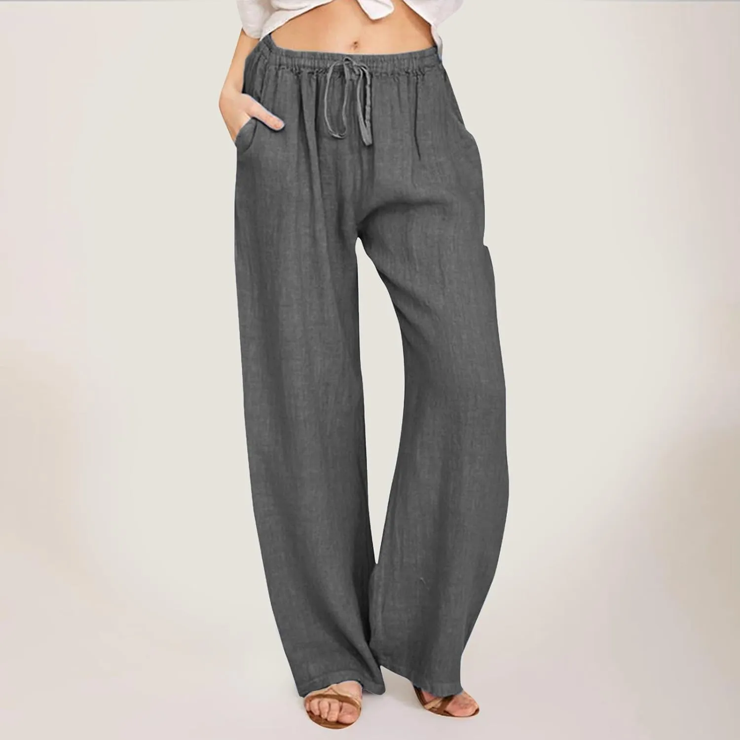 Women's Cotton Linen Pants Elastic Waist Trousers Casual Lightweight Pant Drawstring Wide Leg Pant Summer Beach Pant