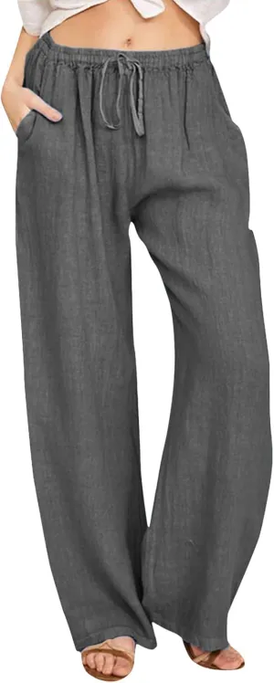 Women's Cotton Linen Pants Elastic Waist Trousers Casual Lightweight Pant Drawstring Wide Leg Pant Summer Beach Pant