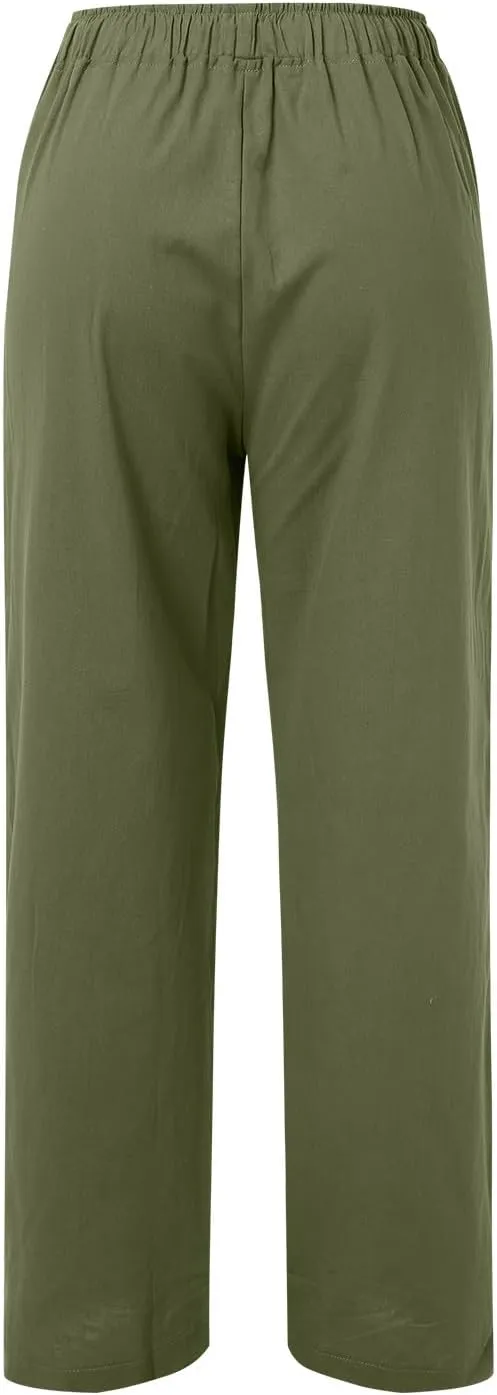 Women's Cotton Linen Pants Elastic Waist Trousers Casual Lightweight Pant Drawstring Wide Leg Pant Summer Beach Pant