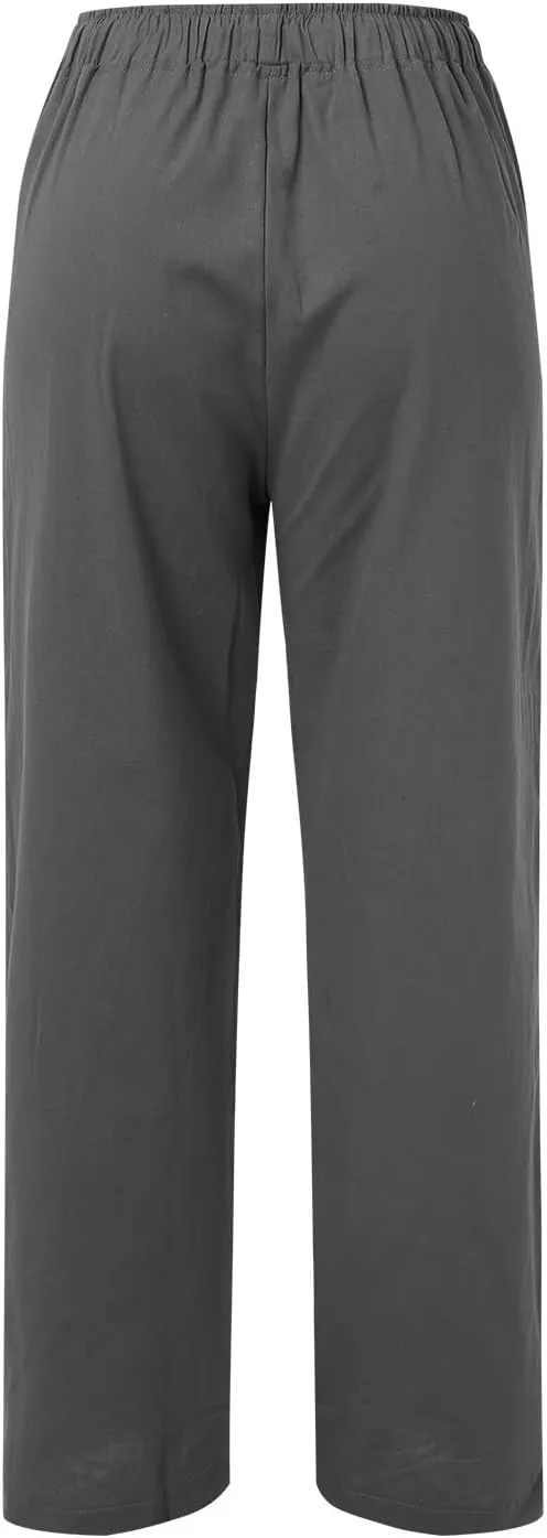 Women's Cotton Linen Pants Elastic Waist Trousers Casual Lightweight Pant Drawstring Wide Leg Pant Summer Beach Pant